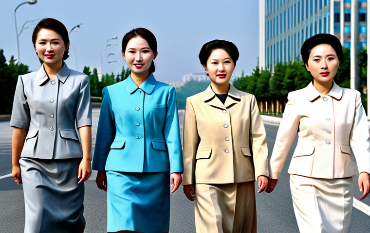 Subtle Shift in Colors**

"A group of North Korean women, fully clothed in modest, professional attire, walking on a Pyongyang street, their clothing displaying subtle variations in color, safe for work, appropriate content, perfect anatomy, natural proportions, family-friendly, high-quality photograph"

**