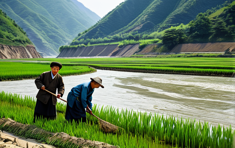 북한의 하천   수질 관리와 수자원 활용 - **

"A wide river flowing through a mountainous landscape in North Korea, fully clothed farmers tend...