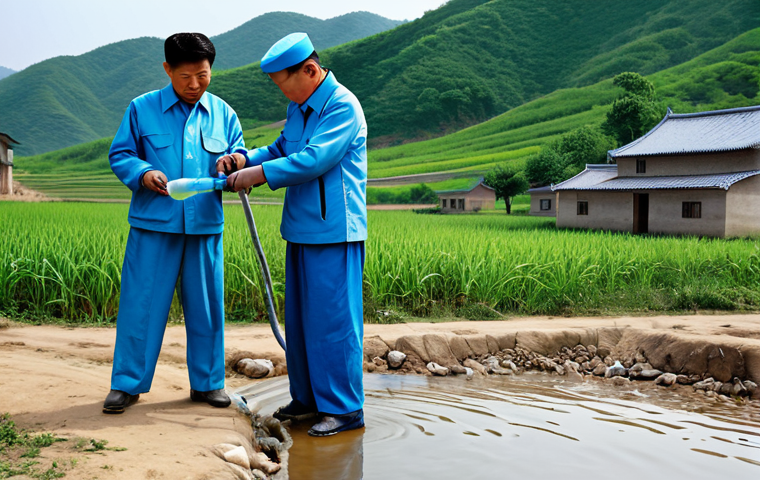 북한의 하천   수질 관리와 수자원 활용 - **

"A wide river flowing through a mountainous landscape in North Korea, fully clothed farmers tend...