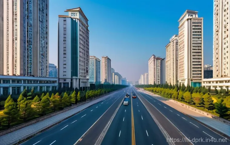 북한의 인구 분포   도시와 농촌 비교 - **Prompt 1: Pyongyang's Controlled Modernity**
    "A wide-angle, vibrant, daytime shot of central P...