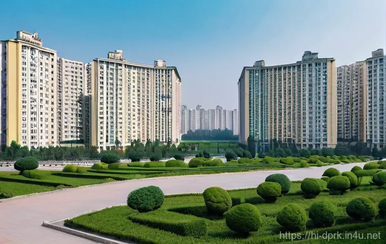 북한의 주거 형태   공동주택 구조 - **Prompt 1: Grandeur and Uniformity of Pyongyang Apartments**
    A wide-angle, slightly elevated sh...