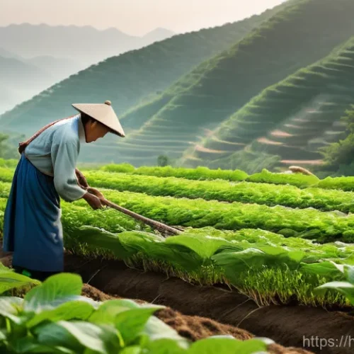 북한 특산물   개성 인삼의 효능 - **Prompt:** "A serene and vibrant scene showcasing the traditional cultivation of Kaesong Insam (gin...