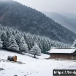 북한의 임업   목재 생산과 환경 문제 - A detailed mountainous forest landscape in North Korea during early winter, showcasing dense evergre...