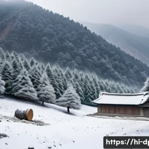 북한의 임업   목재 생산과 환경 문제 - A detailed mountainous forest landscape in North Korea during early winter, showcasing dense evergre...