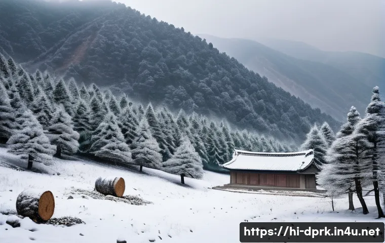 북한의 임업   목재 생산과 환경 문제 - A detailed mountainous forest landscape in North Korea during early winter, showcasing dense evergre...