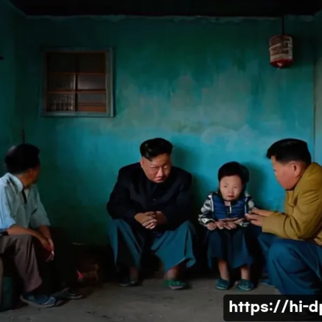 북한의 생활 수준 주거와 식량 상황 - A crowded, dimly lit small room in North Korea showing a family of four sitting closely together. Th...