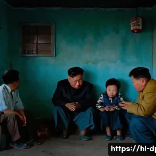 Home 17 북한의 생활 수준 주거와 식량 상황 - A crowded, dimly lit small room in North Korea showing a family of four sitting closely together. Th...