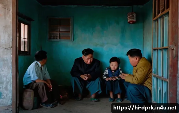 북한의 생활 수준 주거와 식량 상황 - A crowded, dimly lit small room in North Korea showing a family of four sitting closely together. Th...