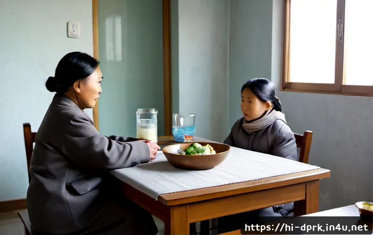 Home 17 북한의 종교 무종교 사회의 형성 - Photorealistic documentary-style scene inside a modest North Korean apartment, three generations of ...