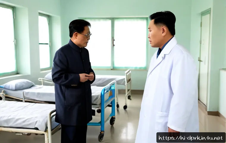 Home 17 북한의 의료체계 병원과 약품 부족 문제 - Photorealistic editorial-style scene inside a modest, aging hospital ward in North Korea, a middle-a...