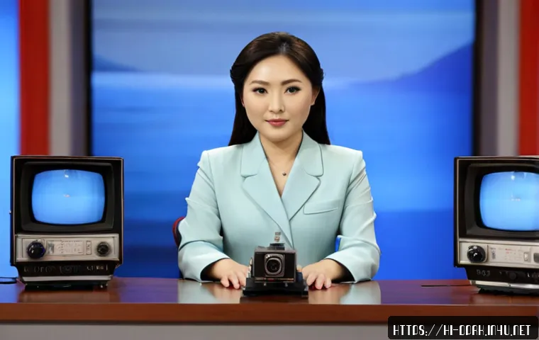Home 17 북한 미디어 조선중앙TV와 신문 - Photorealistic editorial scene of a North Korean-style state television news studio, a formally dres...